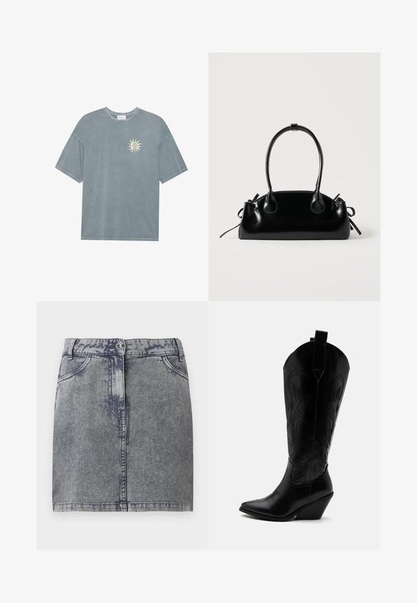 Lyseblå oversized t-shirt lavet af blødt bomuld med en rund halsudskæring og et gult solmotiv på venstre bryst.; Grå denim minisukne med en falmet vask, der har forlommer, en knaplukning og en lige kant. Struktureret stof.; Sort læder cowboystøvle med spidst tåparti, skråt blokhælhæl, dekorative sømme og trækstropper øverst mod hvid baggrund.; Lille sort blank håndtaske med to lange håndtag og snøre-detaljer i siden på en ensfarvet lys baggrund.