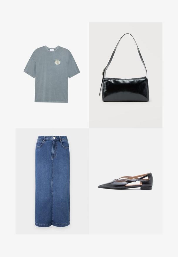 Hellblaues oversized T-Shirt aus weichem Baumwollstoff mit rundem Halsausschnitt und einem gelben Sonnenmotiv auf der linken Brustseite.; Maxi-Rock aus Denim in Dunkelblau, mit geradem Schnitt, Bund mit Knopfverschluss und minimalistischen Nähten.; Schwarze flache Lederschuhe mit spitzer Schuhspitze, offenen Seiten und einem kleinen Knöchelriemen mit silberner Schnallendekoration.; Schwarze rechteckige Schultertasche mit einem verstellbaren Riemen und einem oberen Reißverschluss vor einfachem Hintergrund.