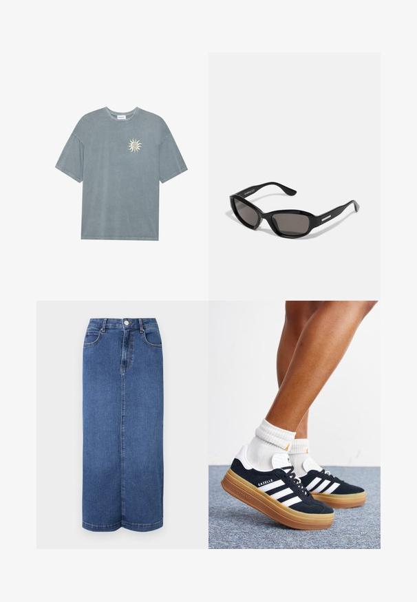 Lyseblå oversized t-shirt lavet af blødt bomuld med en rund halsudskæring og et gult solmotiv på venstre bryst.; Mørkeblå denim maxiskørt med lige snit, talje med knaplukning og minimale syninger.; Ben iført hvide sokker og sorte Adidas Gazelle sneakers med hvide striber og tykke brune såler på et gråt tæppe.; Sorte solbriller med rektangulært stel, mørke linser, glat plastmateriale og en metalaccent på templet.