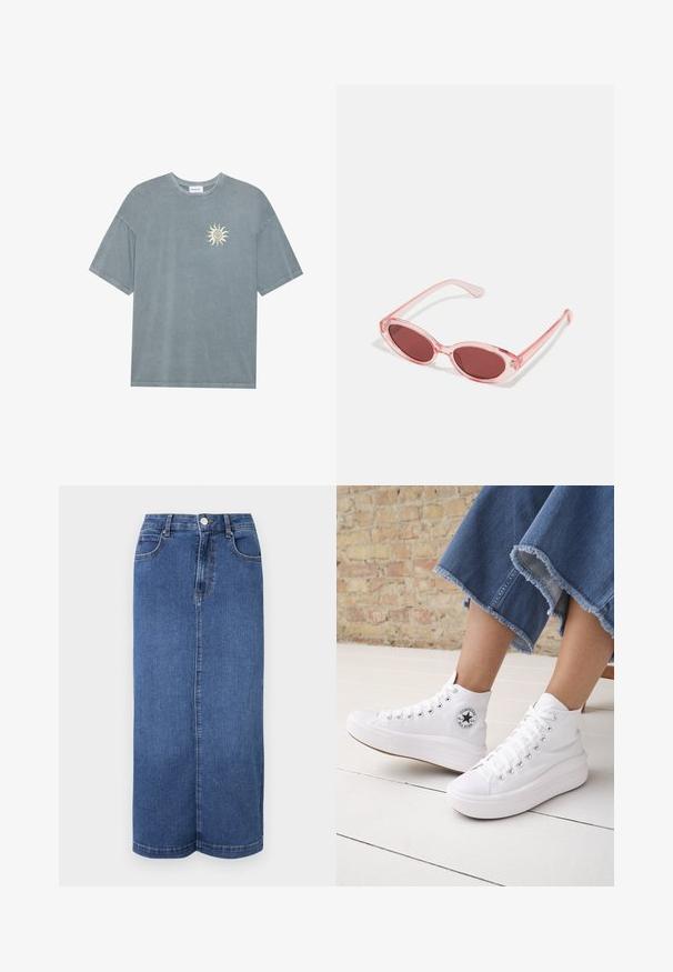 Lyseblå oversized t-shirt lavet af blødt bomuld med en rund halsudskæring og et gult solmotiv på venstre bryst.; Mørkeblå denim maxiskørt med lige snit, talje med knaplukning og minimale syninger.; Person iført hvide høje Converse-sneakers med tykke såler og beskårne blå jeans med flossede kanter mod en murstensvæg og hvidt gulv.; Lyserøde transparente solbriller med ovale linser, mørkerød toning og slanke stænger, der har en glat overflade og diskret detaljering på rammen.