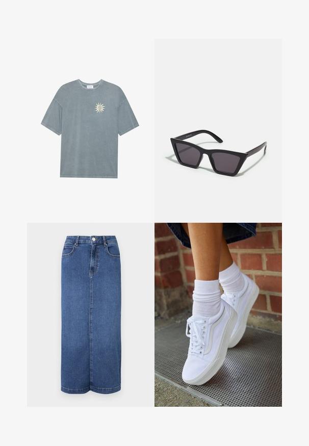 T-shirt surdimensionné bleu clair en coton doux, avec un col rond et un motif de soleil jaune sur le côté gauche de la poitrine.; Jupe maxi en denim bleu foncé, avec une coupe droite, une taille avec une fermeture à bouton et des détails de couture minimalistes.; Baskets en toile blanches avec semelles en caoutchouc, dotées de six œillets, d'un bout rond et de détails de couture légers, portées avec des chaussettes blanches mi-mollet.; Lunettes noires angulaires avec des verres gris ; fabriquées en plastique, avec des branches épaisses à la surface lisse et sans matériel visible.
