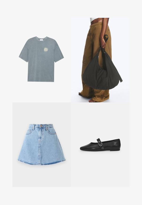 Lyseblå oversized t-shirt lavet af blødt bomuld med en rund halsudskæring og et gult solmotiv på venstre bryst.; Denim A-line nederdel i lyseblå med frynset kant, fem lommer og knaplukning. Har kobberfarvet hardware og diskrete syninger.; Sorte læder flade sko med rund tå, et enkelt justerbart spænde og en glat, blank overflade. Minimalistisk design med en lav hæl.; Person iført brune vidde bukser og hvid top holder en stor sort blød håndtaske i remmen ved siden.