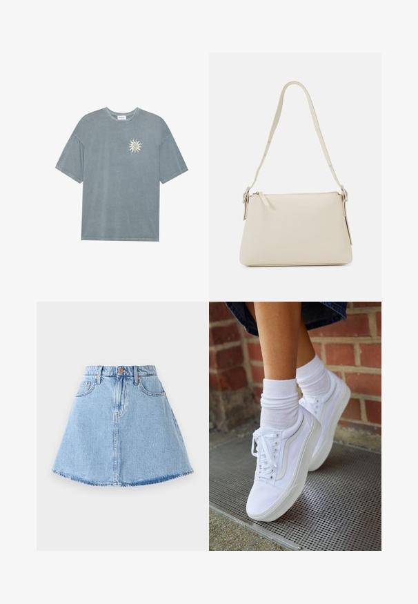 Lyseblå oversized t-shirt lavet af blødt bomuld med en rund halsudskæring og et gult solmotiv på venstre bryst.; Denim A-line nederdel i lyseblå med frynset kant, fem lommer og knaplukning. Har kobberfarvet hardware og diskrete syninger.; Hvide lærreds sneakers med gummisåler, der har seks snørehuller, rund tå og let sømdetaljer, krydret med hvide ankelstrømper.; Beige skuldertaske lavet af glat læder med lynlås-lukning. Har et enkelt design, slank skulderrem og metalbeslag som detaljer.