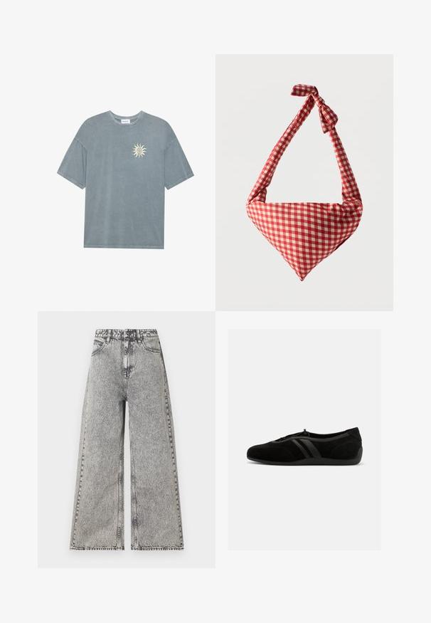 Lyseblå oversized t-shirt lavet af blødt bomuld med en rund halsudskæring og et gult solmotiv på venstre bryst.; Vidde jeans i falmet sort denim med høj talje, klassisk fem-lomme design og synlige syninger.; Sort ruskinds slip-on sko med rundet tå, elastisk snørelukning, to læderstriber i siden og flad gummisål.; Blød stofskuldertaske med rødt og hvidt ternet mønster, håndtag med bundet knude og trekantet form mod en ensfarvet baggrund.