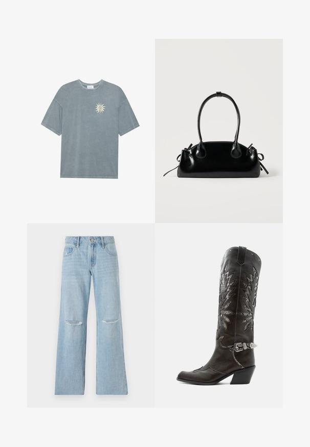 Lyseblå oversized t-shirt lavet af blødt bomuld med en rund halsudskæring og et gult solmotiv på venstre bryst.; Lyseblå denimjeans med høj talje, bred benlængde og to riftskader ved knæene. Har bæltestropper og forlommer.; Sort læder cowboystøvle med dekorative udskæringer, sølvspænde og skrå hæl, vist på hvid baggrund.; Lille sort blank håndtaske med to lange håndtag og snøre-detaljer i siden på en ensfarvet lys baggrund.