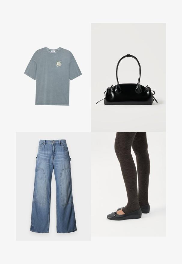 Lyseblå oversized t-shirt lavet af blødt bomuld med en rund halsudskæring og et gult solmotiv på venstre bryst.; Good American GOOD EASE RELAXED - Jeans Relaxed Fit - indigo; Ben iført mørke ribbede leggings kombineret med sorte balletsko med små sløjfedetaljer på hvid baggrund.; Lille sort blank håndtaske med to lange håndtag og snøre-detaljer i siden på en ensfarvet lys baggrund.