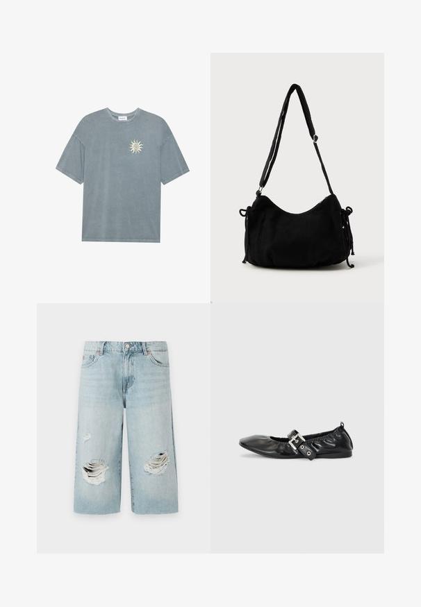 Lyseblå oversized t-shirt lavet af blødt bomuld med en rund halsudskæring og et gult solmotiv på venstre bryst.; Lyseblå denimshorts med løs pasform, der har to store slidte huller foran. Fem lommer og en synlig metalknaplukning.; Sorte læder flade sko med spids tå, samling detaljer omkring åbningen, og en sølv spænde accent på den justerbare rem.; Sort kordfløjls skuldertaske med en buet form, justerbar strop og snorelukninger på begge sider til størrelsejustering.