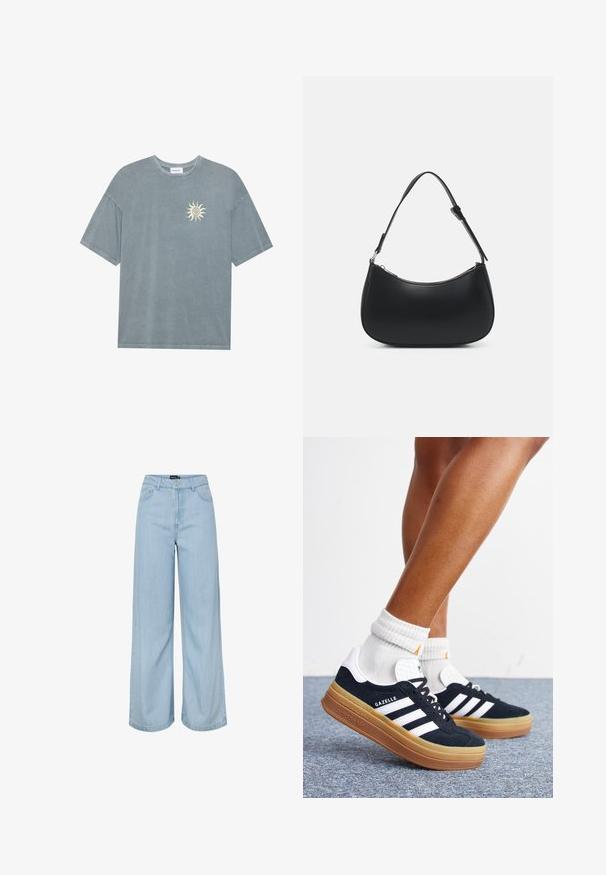 T-shirt surdimensionné bleu clair en coton doux, avec un col rond et un motif de soleil jaune sur le côté gauche de la poitrine.; Jean large taille haute bleu clair avec poches avant, passants pour ceinture et fermeture par bouton de la marque Pieces.; Jambes portant des chaussettes blanches et des baskets Adidas Gazelle noires avec des bandes blanches et des semelles épaisses marron sur un sol recouvert de moquette grise.; Pieces PCALUANA SHOULDER BAG - Sac à main - black