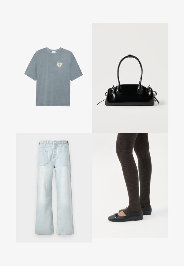 T-shirt surdimensionné bleu clair en coton doux, avec un col rond et un motif de soleil jaune sur le côté gauche de la poitrine.; Jean en denim bleu clair à jambes larges avec taille haute, deux poches arrière et décoloration subtile, avec des accents de couture en jaune.; Jambes portant des leggings côtelés foncés associés à des ballerines noires avec de petits détails en nœud sur fond blanc.; Petit sac à main noir brillant avec deux longues anses et des détails à cordon sur les côtés sur un fond clair uni.
