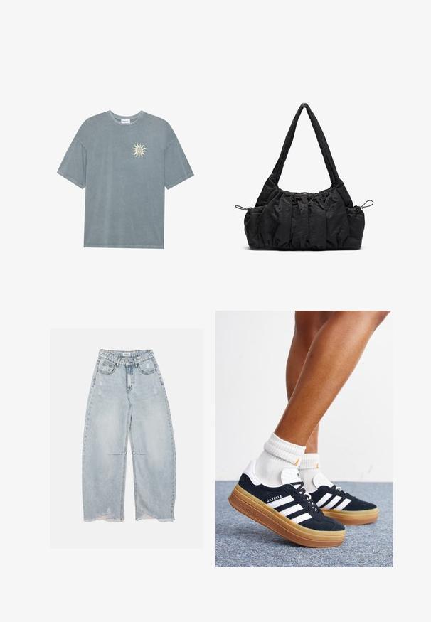 Lyseblå oversized t-shirt lavet af blødt bomuld med en rund halsudskæring og et gult solmotiv på venstre bryst.; Lyseblå viddebenede denimjeans med slidte detaljer og frynsede kanter, med frontlommer, bæltestropper og knaplukning.; Ben iført hvide sokker og sorte Adidas Gazelle sneakers med hvide striber og tykke brune såler på et gråt tæppe.; Sort stof handbag med samlede strukturer, to skulderremme og snorelukning i siderne. Glat, let materiale.