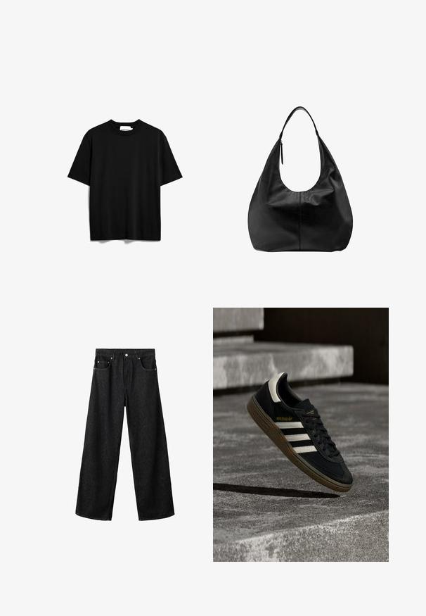 Schwarz, kurzes T-Shirt aus Baumwolle. Verfügt über einen Rundhalsausschnitt und eine lockere Passform mit einer glatten, matten Textur. Keine sichtbaren Muster oder Logos.; Schwarze Jeans mit weitem Bein aus Denim. Verfügt über fünf Taschen, einen vorderen Knopfverschluss und dezente Nahtdetails. Strukturierter Stoff mit dunkler Färbung.; Schwarzer Adidas-Sneaker mit weißen Streifen und Gummisohle schwebt über grauen Betonstufen im natürlichen Licht.; Schwarze Leder-Hobo-Tasche mit einem breiten Riemen und einem Reißverschlussdetail auf einem schlichten weißen Hintergrund.