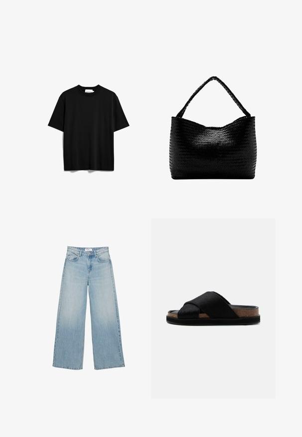 Schwarz, kurzes T-Shirt aus Baumwolle. Verfügt über einen Rundhalsausschnitt und eine lockere Passform mit einer glatten, matten Textur. Keine sichtbaren Muster oder Logos.; Hellblaue Jeans mit weitem Bein, Vorderentaschen, Gürtelschlaufen und einem Knopfverschluss an der Taille.; Schwarze Slide-Sandale mit gekreuzten, strukturierten Riemen, Korkfußbett und schwarzer Sohle, gezeigt auf hellem, einfarbigem Hintergrund.; Schwarze gewebte Handtasche mit einem geflochtenen Griff, rechteckiger Form und glänzend strukturierter Oberfläche.