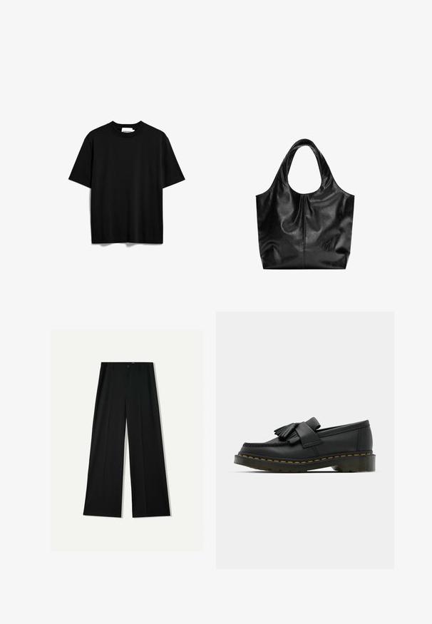 Schwarz, kurzes T-Shirt aus Baumwolle. Verfügt über einen Rundhalsausschnitt und eine lockere Passform mit einer glatten, matten Textur. Keine sichtbaren Muster oder Logos.; Bershka WIDE - Stoffhose - black; Schwarze Lederloafers mit runder Zehenpartie, ausgestattet mit einer fransigen Detail und einem dekorativen Band, das über die Vorderseite verläuft, auf einem stabilen Absatz.; Schwarze Leder-Tote mit glatter Textur, weichem, abgerundetem Oberteil und breiten Tragegriffen. Merkmale minimale Nähte und eine lässige Silhouette.