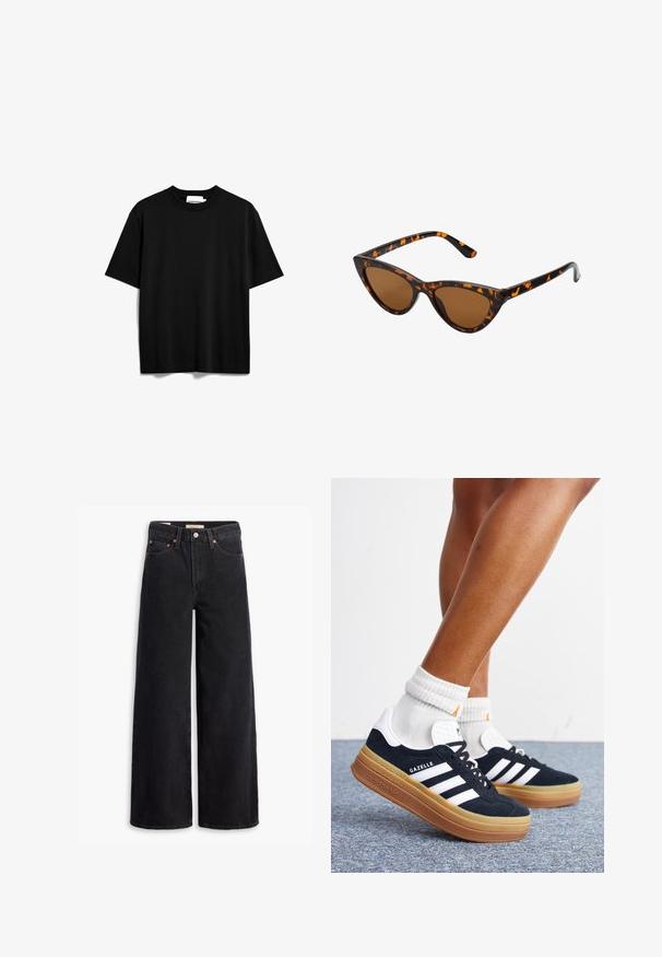 Camiseta de manga corta negra hecha de algodón. Presenta un cuello redondo y un corte relajado con una textura suave y mate. Sin patrones o logotipos visibles.; Jeans de pierna ancha negros hechos de denim, con cinco bolsillos, remaches de cobre y un cierre clásico de botón. Textura suave con un diseño limpio.; Piernas con calcetines blancos y zapatillas Adidas Gazelle negras con rayas blancas y suelas marrones gruesas sobre un suelo alfombrado gris.; Gafas de sol estilo ojo de gato con montura de carey negra y naranja, lentes marrones y puntas elegantes y afiladas. Presenta un logo minimalista en la patilla.