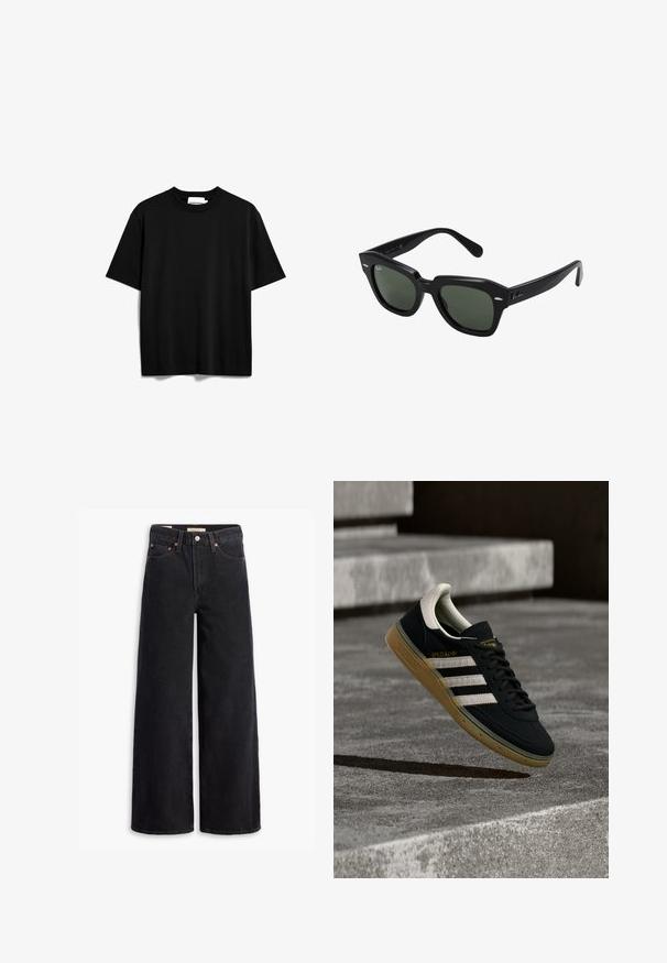 Camiseta de manga corta negra hecha de algodón. Presenta un cuello redondo y un corte relajado con una textura suave y mate. Sin patrones o logotipos visibles.; Jeans de pierna ancha negros hechos de denim, con cinco bolsillos, remaches de cobre y un cierre clásico de botón. Textura suave con un diseño limpio.; Zapatilla de ante negra con rayas blancas y logo dorado, con suela de goma texturizada color goma y una lengüeta del talón en crema contrastante.; Gafas de sol cuadradas negras con lentes verde oscuro, con montura audaz y acentos plateados en los laterales. Fabricadas en Italia.