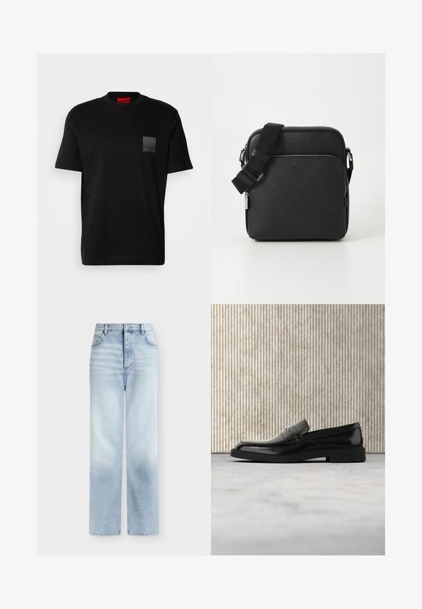 Sort bomulds T-shirt med rund hals, prydet med en struktureret sort lap med logo på venstre bryst. Korte ærmer og afslappet pasform.; Lyseblå, højtaljede jeans med rette ben, forlommer, bæltestropper og knaplukning.; Sort poleret læderloafer flydende over beige tæppe med orange gennemsigtigt møbel i baggrunden.; Sorth læder crossover taske med en tekstureret overflade, der har en frontlomme med lynlås, justerbar strop og metal hardware detaljer.