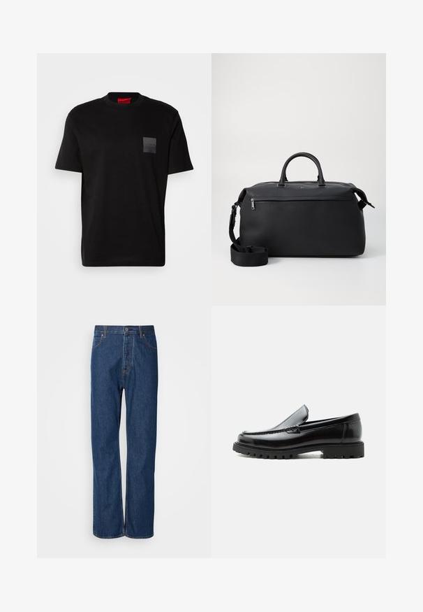 Sort bomulds T-shirt med rund hals, prydet med en struktureret sort lap med logo på venstre bryst. Korte ærmer og afslappet pasform.; Blå denim jeans med lige ben, der har en knaplukning, fem lommer og kontraststikninger langs sømmene.; Sort læderloafer med chunky gummisål, syet overdel og præget mærkenavn på hælen, vist i sideprofil på hvid baggrund.; Sort læder duffel taske med to top hanke, en aftagelig skulderrem og en lynlåslomme foran til ekstra opbevaring.