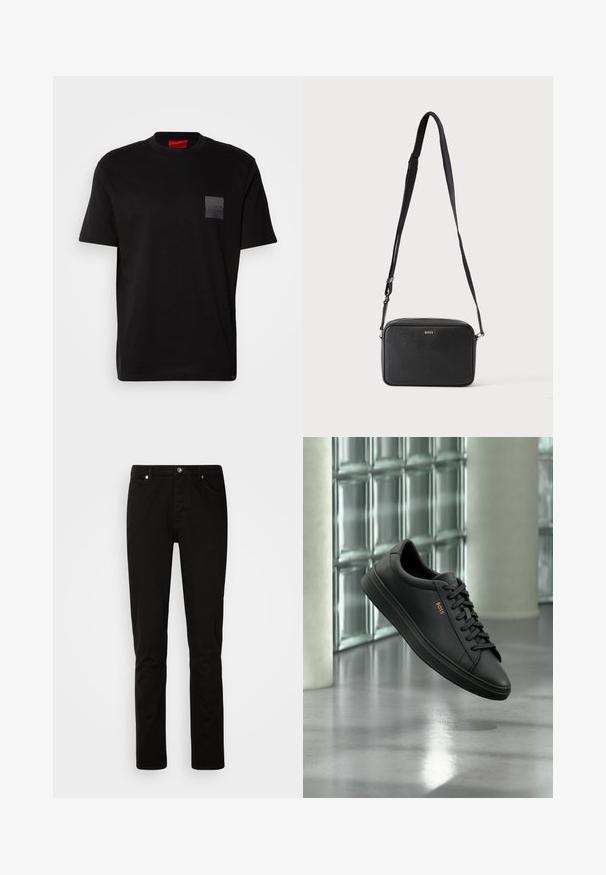 Sort bomulds T-shirt med rund hals, prydet med en struktureret sort lap med logo på venstre bryst. Korte ærmer og afslappet pasform.; Sorte denimbukser med slim fit, der har lynlås og fem-pocket design. Glat tekstur og solid syning.; Sort lavtopet lædersneaker med sorte snørebånd og gyldent BOSS-logo på siden, svævende over en blank grå gulv i et moderne indendørs rum.; Sort rektangulær crossbody taske med justerbar rem og BOSS-logo foran, sat mod en ensfarvet lys baggrund.