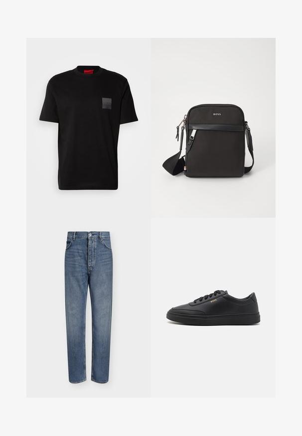 Sort bomulds T-shirt med rund hals, prydet med en struktureret sort lap med logo på venstre bryst. Korte ærmer og afslappet pasform.; Straight-leg blå denim jeans med høj talje, frontknaplukning og fem-lomme design på en ensartet lys baggrund.; Sorte lædersneakers med en glat overflade, rund tå, flad gummisål og tonede snørebånd. Udstyret med guld "BOSS" branding på siden.; Sort crossbody taske med et struktureret stof, logo på fronten, lynlås lukning og justerbar rem. Har en glat læderkant.