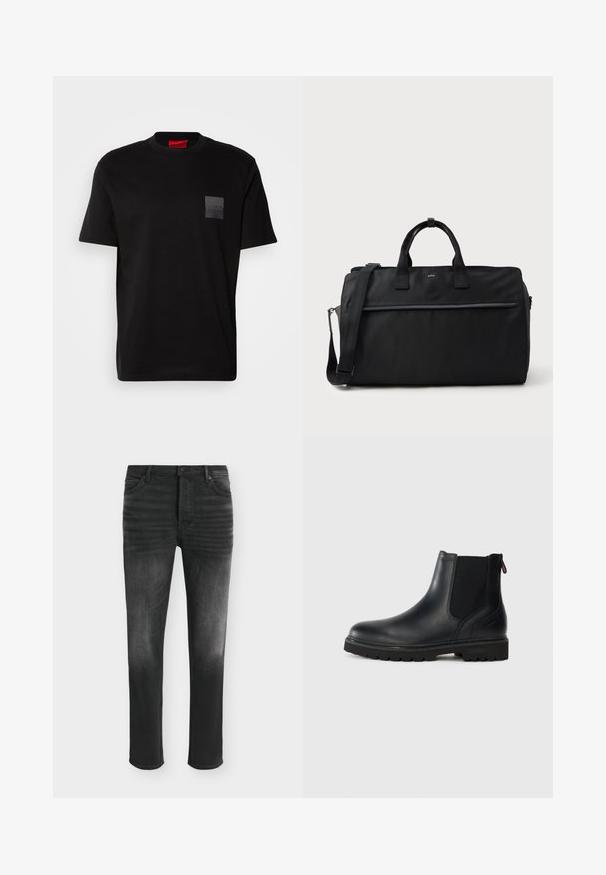 Schwarzes Baumwoll-T-Shirt mit Rundhalsausschnitt, versehen mit einem strukturierten schwarzen Patch mit Logo auf der linken Brust. Kurze Ärmel und entspannter Schnitt.; Schwarze Skinny-Jeans mit ausgebleichten Details, Fünf-Taschen-Stil und Knopfverschluss in der Taille.; Schwarze Leder-Stiefelette mit elastischen Seiteneinsätzen, runder Spitze und einer robusten Gummisohle mit tiefem Profil für optimalen Halt.; Schwarze rechteckige Reisetasche mit zwei Griffen, verstellbarem Schultergurt, vorderer Zippertasche und kleinem "BOSS"-Logo auf der Vorderseite.