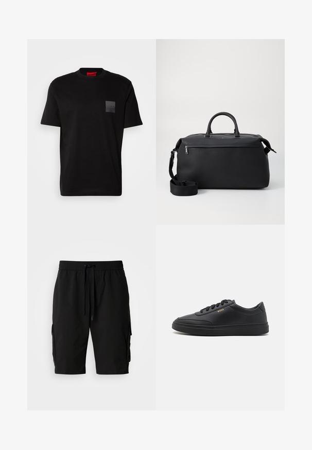 Schwarzes Baumwoll-T-Shirt mit Rundhalsausschnitt, versehen mit einem strukturierten schwarzen Patch mit Logo auf der linken Brust. Kurze Ärmel und entspannter Schnitt.; Schwarze Cargo-Shorts aus leichtem Material, mit elastischem Bund, Kordelzug und seitlichen Cargo-Taschen für zusätzlichen Stauraum.; Schwarze Leder-Sneaker mit glatter Textur, runder Zehenpartie, flacher Gummisohle und einfarbigen Schnürsenkeln. Mit goldfarbenem "BOSS" Logo an der Seite.; Schwarze Leder-Reisetasche mit zwei Oberhandgriffen, einem abnehmbaren Schultergurt und einer Reißverschlusstasche auf der Vorderseite für zusätzlichen Stauraum.