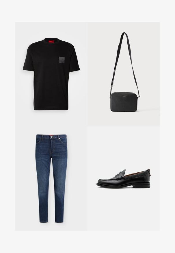 Sort bomulds T-shirt med rund hals, prydet med en struktureret sort lap med logo på venstre bryst. Korte ærmer og afslappet pasform.; Mørkeblå slim-fit jeans med forlommer, bæltestropper, knaplukning og subtil falming på lår og knæ.; Sort læder herre loafer med moc-tå syning, penny strop, struktureret krave og lav stablet hæl på hvid baggrund.; Sort rektangulær crossbody taske med justerbar rem og BOSS-logo foran, sat mod en ensfarvet lys baggrund.