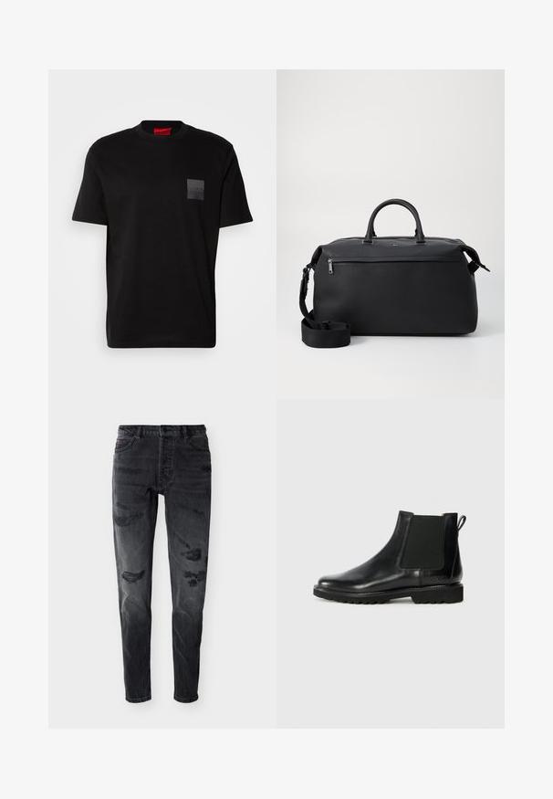 Zwart katoenen T-shirt met een ronde hals, met een gestructureerde zwarte patch met logo op de linkerborst. Korte mouwen en een ontspannen pasvorm.; Zwarte distressed skinny jeans met knopen aan de voorkant, riemlussen en versleten plekken op de dijen en knieën tegen een witte achtergrond.; Zwarte leren Chelsea-boot met elastische zijpanelen, ronde neus en gestructureerde rubberen zool. Heeft een aantrektab aan de achterkant.; Zwarte leren reistas met twee bovenhandvaten, een afneembare schouderband en een ritsvak aan de voorkant voor extra opbergruimte.