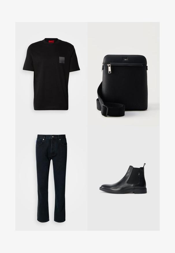 Schwarzes Baumwoll-T-Shirt mit Rundhalsausschnitt, versehen mit einem strukturierten schwarzen Patch mit Logo auf der linken Brust. Kurze Ärmel und entspannter Schnitt.; HUGO JONAH - Jeans Straight Leg - dark blue; Schwarze Leder Chelsea-Boots mit elastischen seitlichen Einsätzen, einer Zugschlaufe und einer flachen Gummisohle. Glatte Textur mit minimaler Ausgestaltung.; Schwarze strukturierte Crossbody-Tasche mit verstellbarem Riemen, vorderer Reißverschlusstasche und geprägt logo in der Nähe des oberen Reißverschlusses.