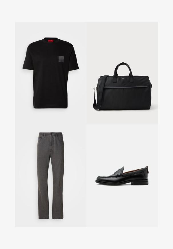 Sort bomulds T-shirt med rund hals, prydet med en struktureret sort lap med logo på venstre bryst. Korte ærmer og afslappet pasform.; Grå denim jeans med lige ben-design, der har forlommer, knaplukning og subtil tekstur.; Sort læder herre loafer med moc-tå syning, penny strop, struktureret krave og lav stablet hæl på hvid baggrund.; Sort rektangulær rejsetaske med dobbelte håndtag, justerbar skulderrem, frontlomme med lynlås og lille "BOSS" logo foran.