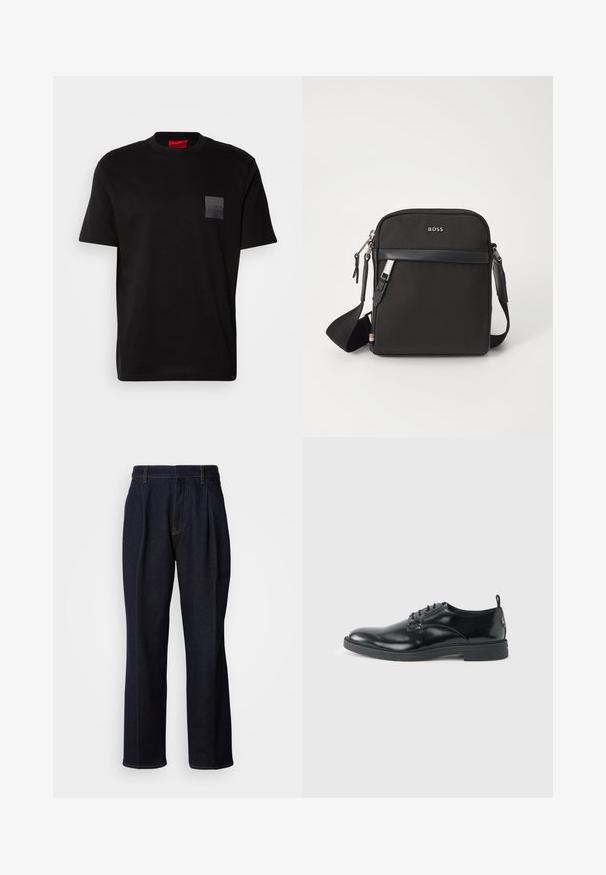 Sort bomulds T-shirt med rund hals, prydet med en struktureret sort lap med logo på venstre bryst. Korte ærmer og afslappet pasform.; Mørkeblå vidde denim jeans med frontfældninger og orange syninger, vist på hvid baggrund.; Blank sort læder dresssko med lav hæl, snørelukning og rund tå, vist fra siden på ensfarvet lys baggrund.; Sort crossbody taske med et struktureret stof, logo på fronten, lynlås lukning og justerbar rem. Har en glat læderkant.