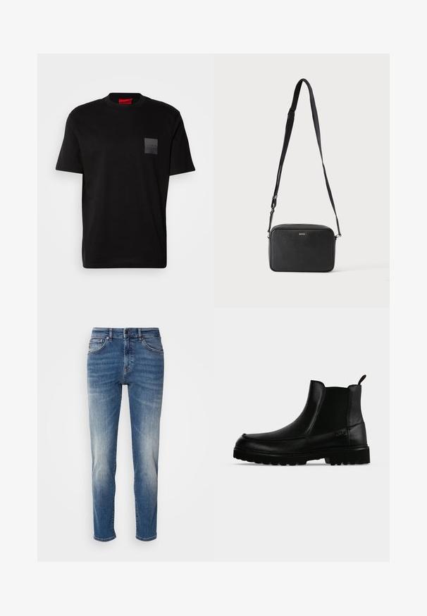 Schwarzes Baumwoll-T-Shirt mit Rundhalsausschnitt, versehen mit einem strukturierten schwarzen Patch mit Logo auf der linken Brust. Kurze Ärmel und entspannter Schnitt.; Blaue Jeans aus Denim mit geradem Bein, leichter Ausbleichung, klassischer Fünf-Taschen-Stil und einem Reißverschluss mit Knopfverschluss.; Schwarzer Lederknöchelstiefel mit strukturierter Sohle, elastischen Seitenteilen und Zuglasche vor einem hellgrauen Hintergrund.; Schwarze rechteckige Umhängetasche mit verstellbarem Riemen und BOSS-Logo auf der Vorderseite, vor einem einfarbigen hellen Hintergrund.