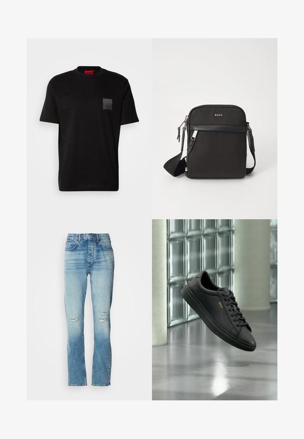 Sort bomulds T-shirt med rund hals, prydet med en struktureret sort lap med logo på venstre bryst. Korte ærmer og afslappet pasform.; Kvinders mid-rise blå jeans med falmet vask, slidte huller på begge knæ, lige ben og klassisk fem-lomme design.; Sort lavtopet lædersneaker med sorte snørebånd og gyldent BOSS-logo på siden, svævende over en blank grå gulv i et moderne indendørs rum.; Sort crossbody taske med et struktureret stof, logo på fronten, lynlås lukning og justerbar rem. Har en glat læderkant.