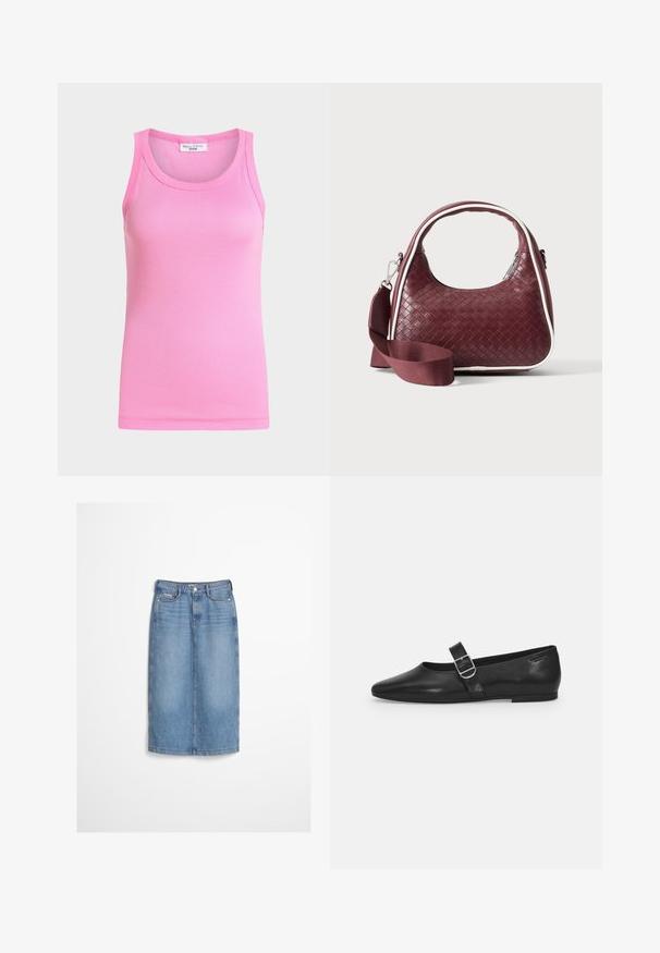 Débardeur côtelé rose sans manches avec encolure ronde de Marc O'Polo Denim, présenté sur un fond clair uni.; Jupe en denim bleu clair avec boutons à l'avant et passants pour ceinture, portée avec un pull texturé foncé.; Chaussure plate en cuir noir avec un bout arrondi, une seule sangle réglable à boucle et une texture lisse et brillante. Design minimaliste avec un petit talon.; Sac à main en cuir tressé marron foncé avec poignée courbée, garniture blanche, fermeture éclair argentée et bandoulière large en tissu amovible sur fond uni.