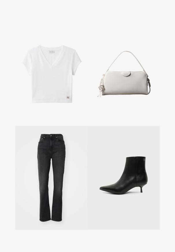 Witte kortermige geribde V-hals cropped top met Calvin Klein Jeans-label aan de achterkraag en een klein CK-logo op de zoom.; Hoge zwarte denim jeans met rechte pijpen, vijf-pocket ontwerp, sluiting met een knoop aan de voorkant en minimale stikseldetails.; Zwart leren enkellaars met puntige neus en lage kittenhak op lichte achtergrond, zijaanzicht buitenkant.; Witte rechthoekige Calvin Klein handtas met enkele handgreep, minimalistisch ontwerp en decoratieve kwastjes met geometrische metalen hanger aan de zijkant.