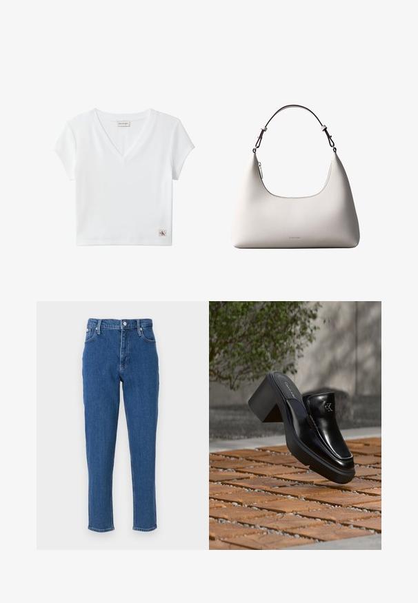 Witte kortermige geribde V-hals cropped top met Calvin Klein Jeans-label aan de achterkraag en een klein CK-logo op de zoom.; Blauwe denim jeans met een hoge taille, ritssluiting, vijf zakken, rechte pijpen en een subtiele vervaagde textuur, afgewerkt met een nette zoom.; Zwarte leren Calvin Klein slip-on mule met blokhak rustend op houten tegels buiten, vlak bij een groene plant en een grijze muur.; Romige Calvin Klein leren schoudertas met gebogen bovenrand, zilveren rits en donkerbruine verstelbare riem.