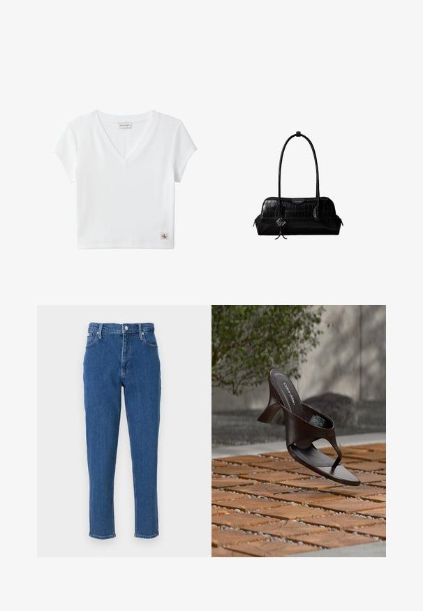 Hvid kortærmet ribbet V-hals crop top med Calvin Klein Jeans-mærke ved baghalsen og lille CK-logo på kanten.; Blå denim jeans med høj talje, lynlås, fem lommer, lige ben og en diskret fadet tekstur, samt en ren sømfinish.; Brun Calvin Klein hælet thong sandal svævende over træflise og grus udendørs med sløret grønt og stenmur i baggrunden.; Sort skuldertaske i krokodillelæder med lange stropper og lille sølvlogo-charm på den ene strop.