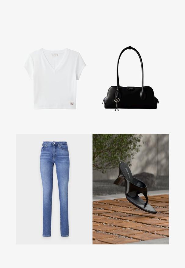 Hvid kortærmet ribbet V-hals crop top med Calvin Klein Jeans-mærke ved baghalsen og lille CK-logo på kanten.; Højtaljede slanke jeans i lys blå denim, med fem lommer, subtilt slid og en klassisk knap- og lynlåslukning.; Sort Calvin Klein hæl-sandal med åben tå, der svæver over en udendørs flisebelagt overflade med grønne planter og en betonvæg i baggrunden.; Sort lædertaske fra Calvin Klein med lange håndtag, en forside-logo-tag og en sølv geometrisk vedhæng, der hænger fra det ene håndtag.