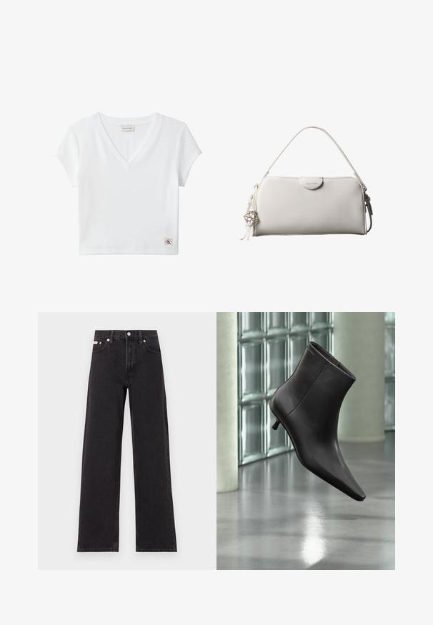 Witte kortermige geribde V-hals cropped top met Calvin Klein Jeans-label aan de achterkraag en een klein CK-logo op de zoom.; Zwarte wijde spijkerbroeken van denim, met een hoge taille, vijf-pocket stijl en een metalen knoopsluiting met contrasterende stiksels.; Zwarte leren enkellaars met puntige neus en lage hak, afgebeeld tegen een glazen blokkenmuur en gepolijste vloer op de achtergrond.; Witte rechthoekige Calvin Klein handtas met enkele handgreep, minimalistisch ontwerp en decoratieve kwastjes met geometrische metalen hanger aan de zijkant.