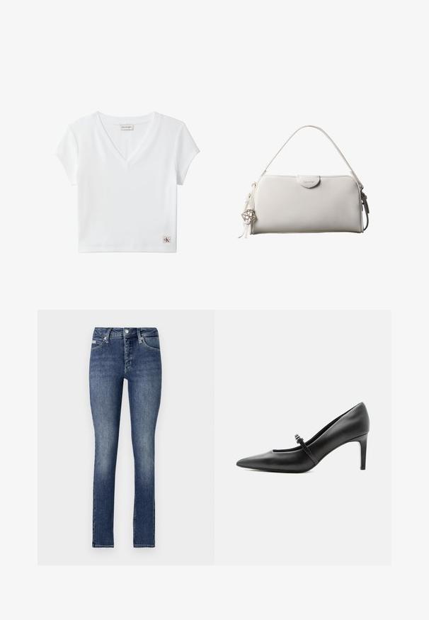 Hvid kortærmet ribbet V-hals crop top med Calvin Klein Jeans-mærke ved baghalsen og lille CK-logo på kanten.; Slanke jeans i mørk vask denim med mellemhøj talje, fem lommer, synlige sømme og knaplukning i taljen.; Sort læderspids højhælede sko med tynd rem og spænde over vristen, stående på en neutral lys baggrund.; Hvid rektangulær Calvin Klein håndtaske med enkelt håndtag, minimalistisk design og dekorative kvaster med geometrisk metalvedhæng på siden.