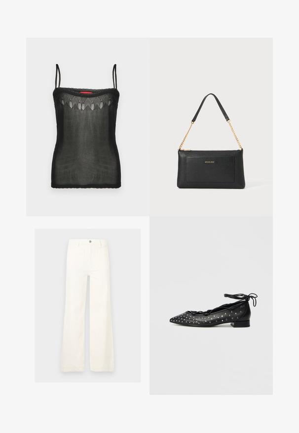 Débardeur noir en tissu transparent, mettant en valeur de délicats détails brodés le long de l'encolure et des fines bretelles réglables.; Pantalon blanc à jambes larges en coton. Comprend un bouton à l'avant, des passants pour ceinture et deux poches arrière. Texture lisse avec une finition nette.; Ballerines en cuir noir avec bout pointu, design à lacets et accents à clous argentés sur les côtés. Profil à talon bloc bas.; Pochette en cuir noir avec une texture en relief, bandoulière en chaîne dorée et une poche avant. Elle arbore un logo doré sur le devant.