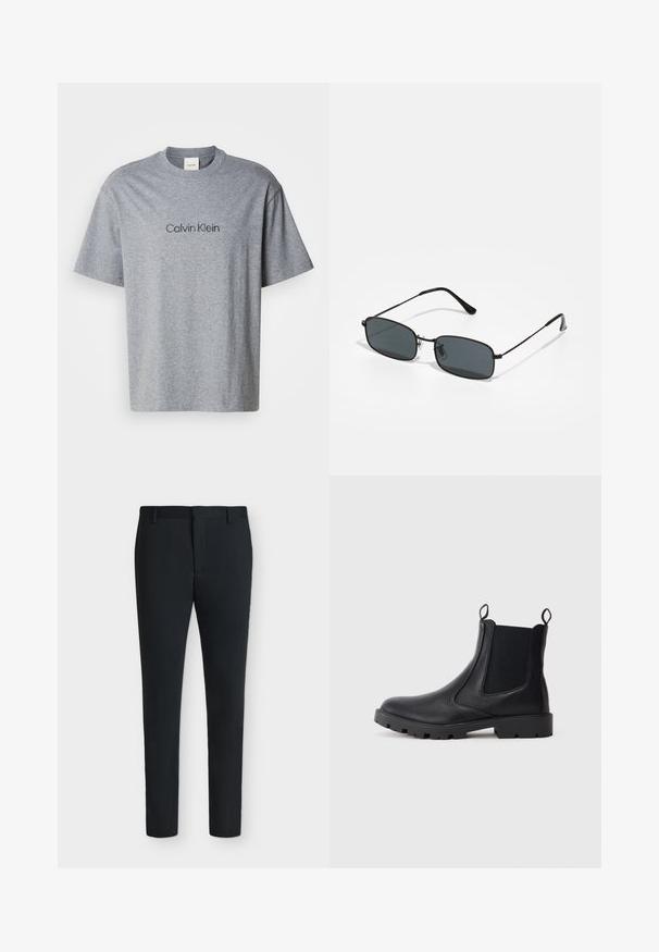Camiseta de algodón gris con mangas cortas, cuello redondo y un logotipo impreso de "Calvin Klein" en un tono más oscuro en el pecho.; Pantalones de vestir negros de corte ajustado con trabillas, cremallera frontal y sin bolsillos visibles, mostrados sobre un fondo blanco liso.; Botas Chelsea de cuero negro con paneles elásticos en los costados, puntera redonda y suela texturizada. Presentan tiradores para facilitar su uso.; Gafas de sol con marco negro de metal, lentes oscuros rectangulares, varillas delgadas y almohadillas nasales ajustables. Diseño ligero con hardware mínimo.