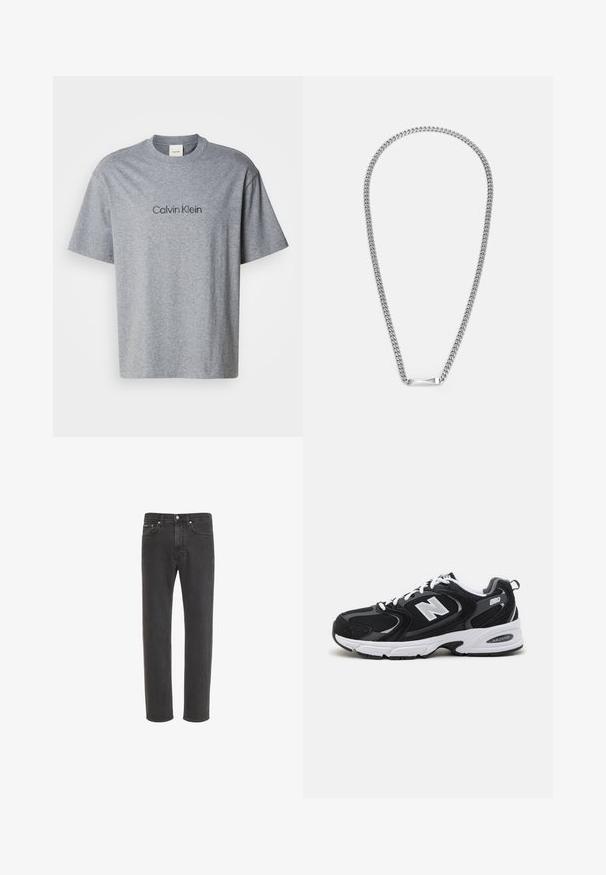 Camiseta de algodón gris con mangas cortas, cuello redondo y un logotipo impreso de "Calvin Klein" en un tono más oscuro en el pecho.; Vaqueros negros de corte recto con cierre delantero de botón y cremallera, bolsillos delanteros y traseros, mostrados sobre fondo blanco.; Zapatillas deportivas en negro y gris con parte superior de malla y ante, que cuentan con una entresuela blanca, cordones y un llamativo logo "N" en el lateral.; Collar de cadena de metal plateado con un centro rectangular plano. La cadena tiene un diseño clásico con eslabones entrelazados y una textura suave.