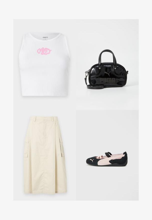 Weißes, geripptes Crop-Top mit einem rosa "OBEY"-Logo in der Mitte. Mit rundem Ausschnitt und ärmellosem Design.; Beige, knielanger Rock aus Baumwolle. Verfügt über zwei seitliche Cargo-Taschen und eine vordere Falte, mit einem Bund und einem versteckten Reißverschluss.; Schwarze und hellrosa Wildleder-Ballerinas mit elastischen Riemen, runder Zehenpartie und strukturiertem Gummisohle, die ein kleines Logo an der Vorderseite aufweisen.; Schwarze Lacklederhandtasche mit doppelten Griffen oben, abnehmbarem Schulterriemen, runder Form und hervorgehobenem geprägten "PUMA"-Logo.