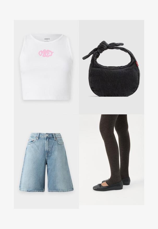 Biely rebrovaný crop top s ružovým logom "OBEY" v strede. Navrhnutý s okrúhlym výstrihom a bez rukávov.; Svetlo modré riflové šortky s voľným strihom, stredne vysokým pásom, piatimi vreckami a kontrastnými švovými detailmi. Tkanina má jemnú textúru.; Nohy v tmavých pásikavých legínach v kombinácii s čiernymi balerínkami s malými mašličkami na bielom pozadí.; Malá čierna denimová kabelka cez rameno s uzlíkovým popruhom a zipsovým zapínaním, s červenou textilnou štítkom Levi's na boku.