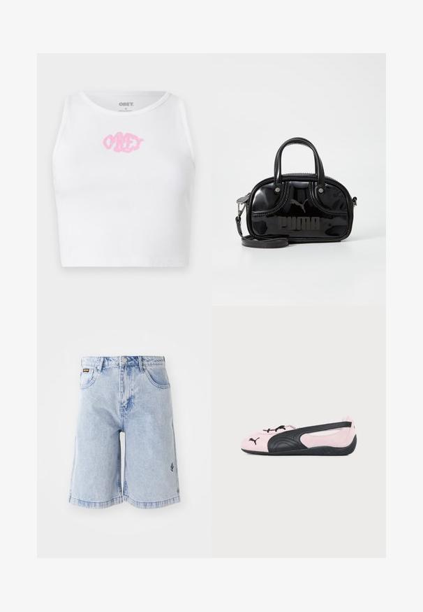 Witte geribde cropped top met een roze "OBEY" logo in het midden. Ontworpen met een ronde halslijn en zonder mouwen.; Lichtblauwe denimshorts met een hoge taille, losse pasvorm en voorzakken. Decoratieve stiksels en merklogo geborduurd aan de zijkant.; Lichtroze en zwarte Puma ballerina met zwart logo op de teen en een getextureerde zool, zijaanzicht op een effen achtergrond.; Zwarte lakleren handtas met dubbele handvatten aan de bovenkant, afneembare schouderriem, ronde vorm en opvallend gegraveerd "PUMA" logo.