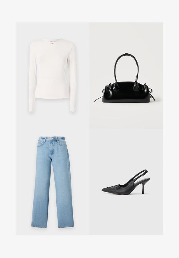 Top blanco de manga larga y con relieve, con escote redondo, dobladillo deshilachado y un sutil acento floral cerca del cuello. Tejido suave y texturizado.; Jeans de pernera ancha de color azul claro, confeccionados en denim, con una cintura alta, diseño de cinco bolsillos y cierre de botón con cremallera.; Sandal de tacón stiletto negro de cuero con punta afilada, correa lateral con hebilla, tachuelas a lo largo del borde y cordones decorativos en la parte delantera.; Pequeño bolso negro brillante con dos asas largas y detalles de cordón lateral sobre un fondo claro liso.
