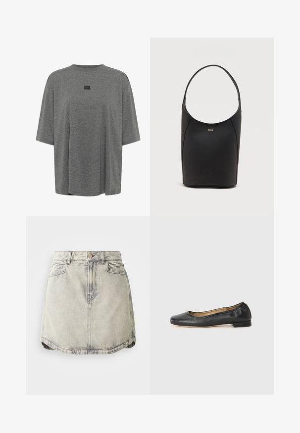 T-shirt oversize gris en tissu doux. Présente un col rond, des manches courtes et un logo subtil au centre.; Jupe en denim gris clair avec une texture délavée, dotée d'une taille à boutons, de poches avant et d'une ourlet légèrement courbé.; Ballerines en cuir noir avec un bout arrondi et des coutures minimales. Talon bas et rectangulaire avec une texture lisse. Détails subtils de doublure intérieure.; Sac seau en cuir noir avec une seule bandoulière et un petit logo BOSS doré centré près du haut à l'avant.