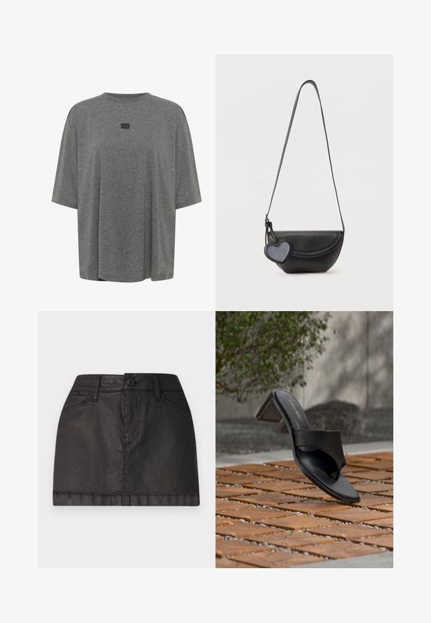 T-shirt oversize gris en tissu doux. Présente un col rond, des manches courtes et un logo subtil au centre.; Jupe mini en denim noir avec une fermeture à boutons à l'avant, des passants de ceinture et deux poches avant. Texture lisse avec un subtil éclat.; Sandale à talon noire Calvin Klein avec boucle pour l’orteil, posée sur un sol en carreaux de bois en extérieur, près d’un arbre et d’un mur en pierre.; Sac à bandoulière en cuir noir avec rabat arrondi et un porte-clé en forme de cœur suspendu sur un fond clair uni.