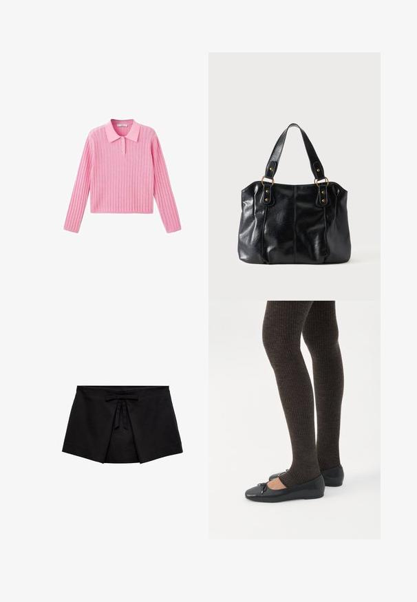 Roze geribbelde trui met lange mouwen en een kraaghalslijn, voorzien van drie knopen bij de kraag en een cropped zoom.; Zwarte wikkelstijl minirok met voorplooidetail en een kleine strik bij de tailleband.; Benen met donkere geribbelde leggings gecombineerd met zwarte ballerina's met kleine strikdetails op een witte achtergrond.; Zwarte leren schoudertas met dubbele bandjes bevestigd met gouden ringen en klinknagels, glad en licht glanzend oppervlak, eenvoudig ontwerp.