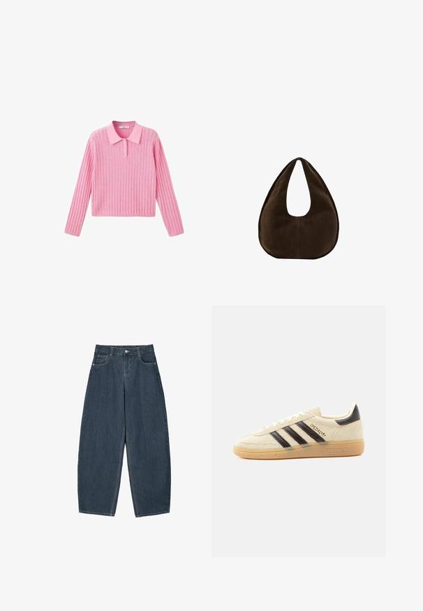 Roze geribbelde trui met lange mouwen en een kraaghalslijn, voorzien van drie knopen bij de kraag en een cropped zoom.; Donkerblauwe denim wijde broek met hoge taille, voorzien van vijf zakken en zichtbare stikseldetails. Schoon, minimaal ontwerp.; Crèmekleurige suède sneaker met zwarte strepen, rubberen zool, zwart hieltabje en gouden "SPEZIAL" tekst aan de zijkant.; Donkerbruine suède handtas in halve maanvorm met een enkele brede riem en een gladde textuur op een witte achtergrond.